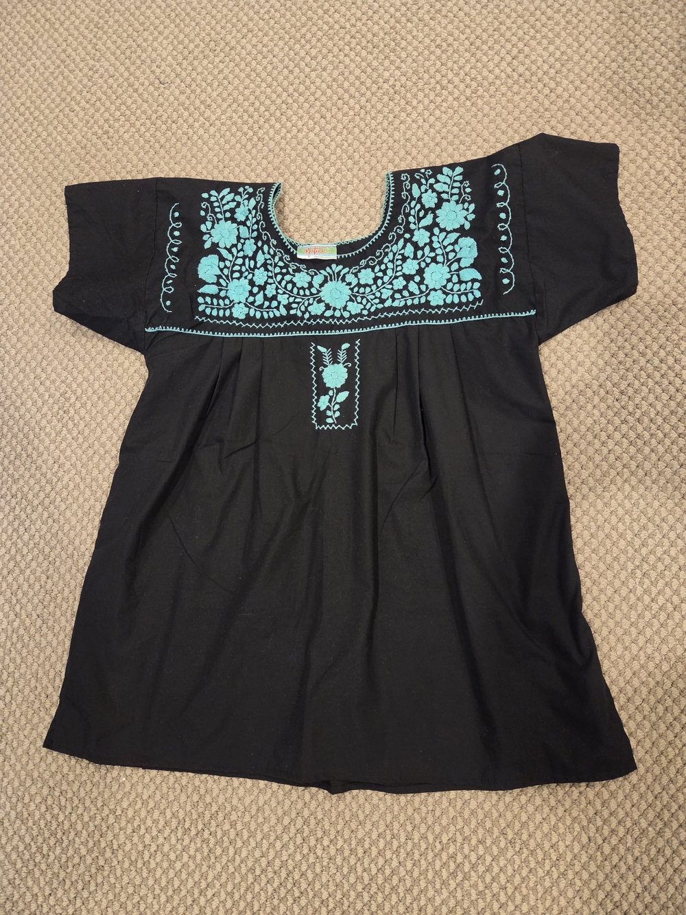 Nativa Black/Turquoise Cotton Embroidered Mexixan Shirt Top Sz XL